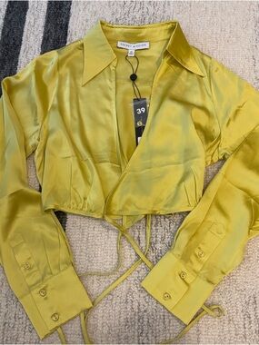 Secret Mission Lemon Yellow Silk Tie Blouse: Chartreuse Statement Top
